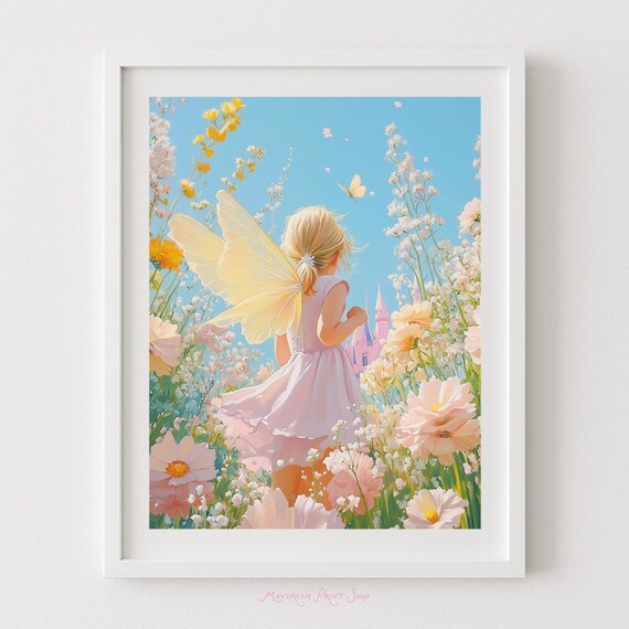 Fairy Girl Butterfly Flower Field Dream Castle Nursery Poster