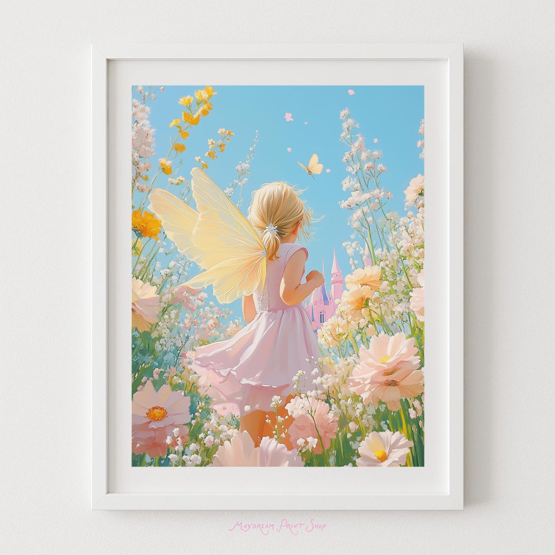 Fairy Girl Art Child With Wings And Flowers Pink Fairytale Castle Dream World Magical Print Girls Bedroom