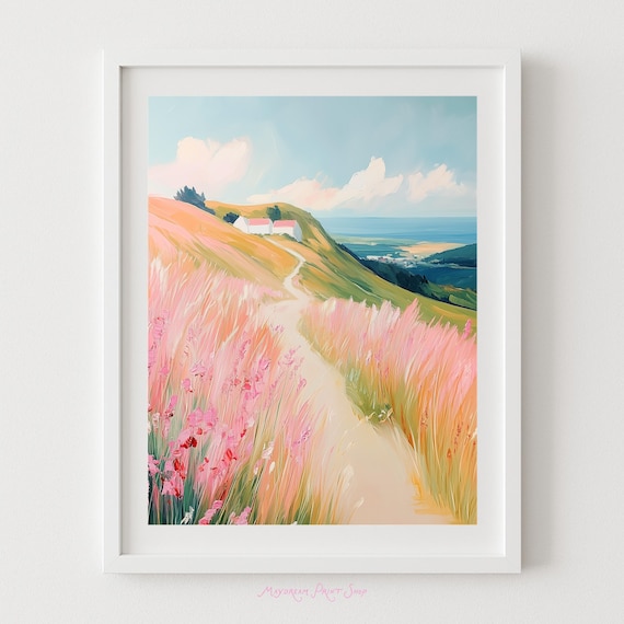 Coastal Cliff Path Pink Wildflowers Cottages Sea View Art Poster