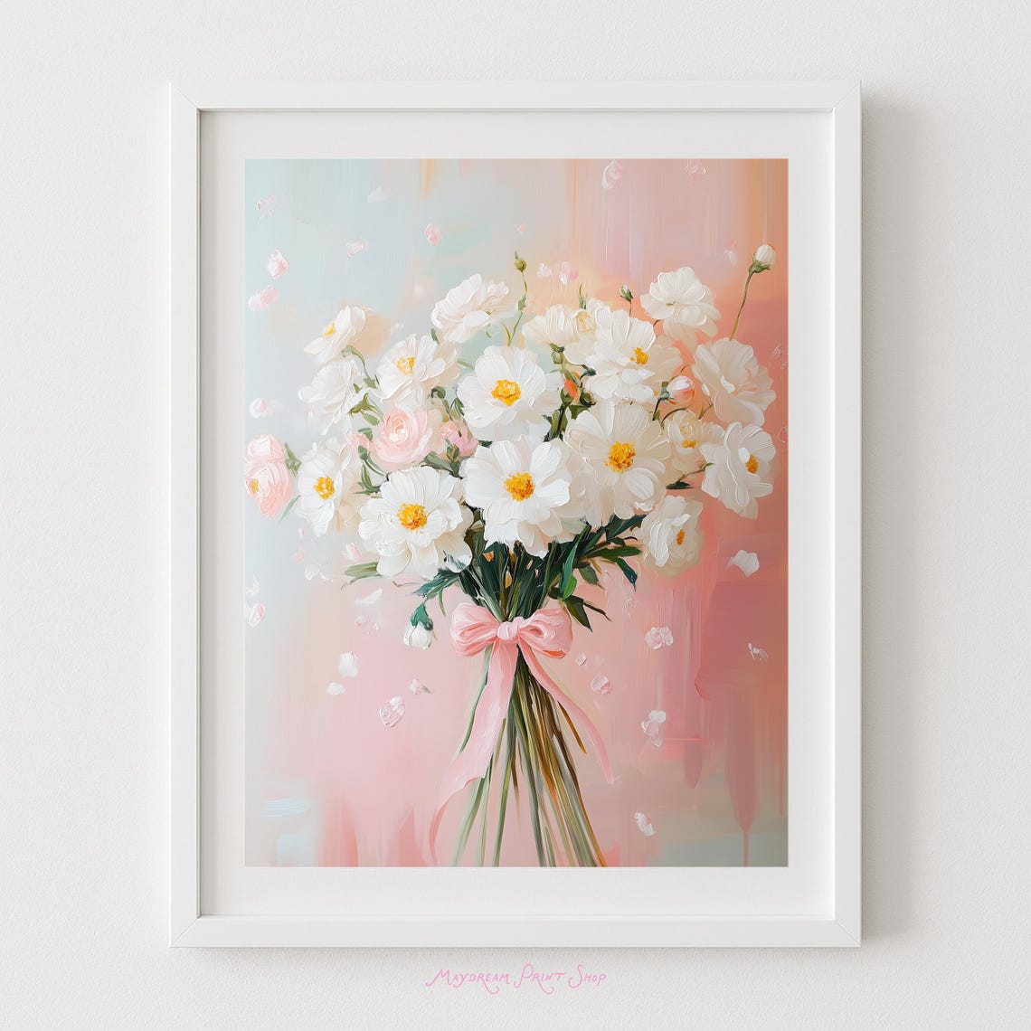 White Daisy Bouquet Tied With Pink Bow Blush Floral Art Print