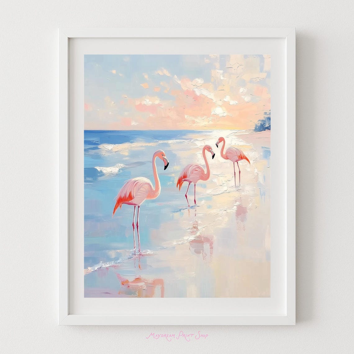 Three Pink Flamingos Beach Sunset Ocean Oil Painting Art Poster