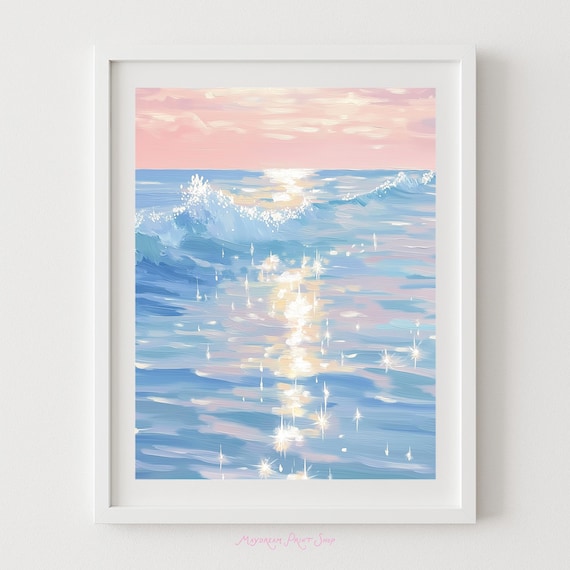 Pastel Sparkling Ocean Waves Dreamy Pink and Blue Art Poster