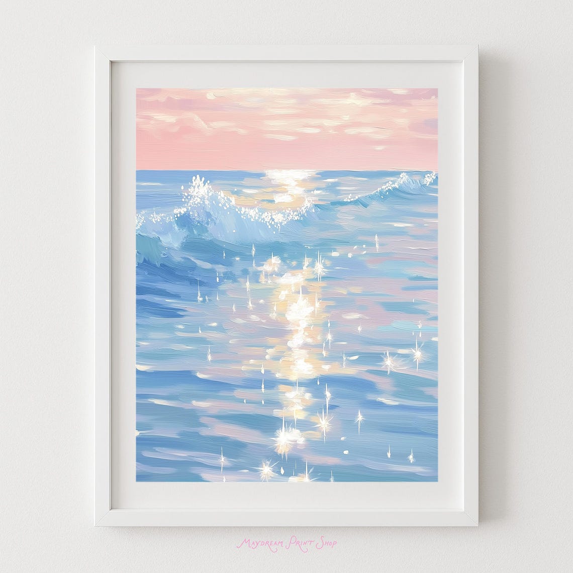 Pastel Sparkling Ocean Waves Dreamy Pink and Blue Art Poster