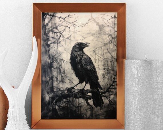 Black Raven Perched Misty Woods Branch Grungy Sepia Vintage Art Poster