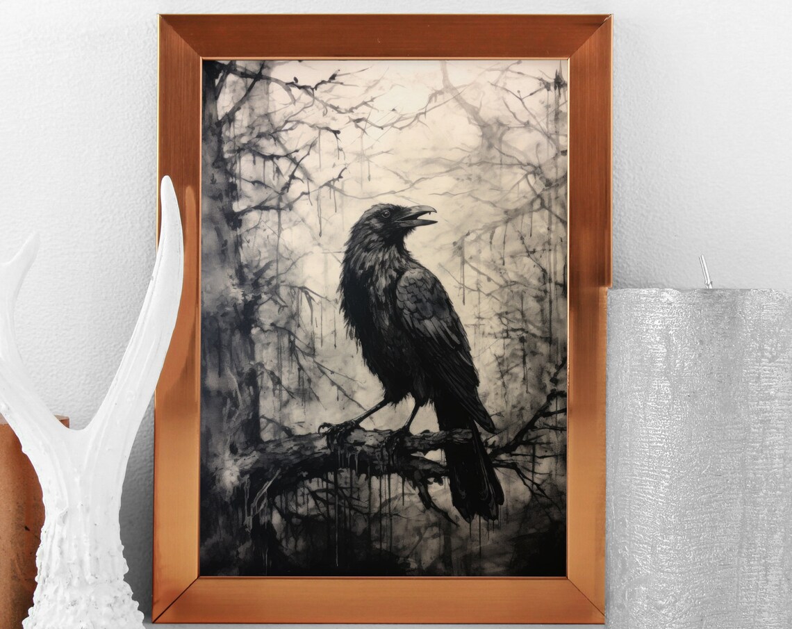 Black Raven Perched Misty Woods Branch Grungy Sepia Vintage Art Poster