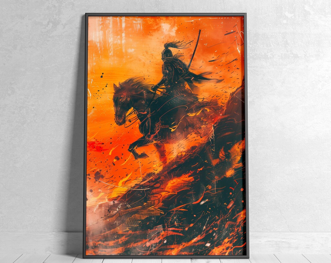 Samurai Horseback Sunset Watercolor Art Orange Fire Rider Poster