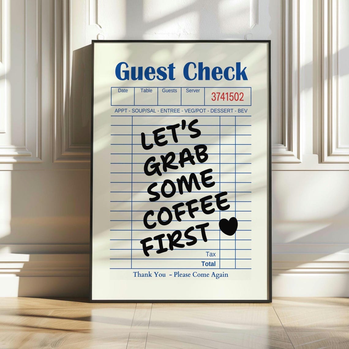 Lets Grab Some Coffee First Retro Guest Check Kitchen Wall Art