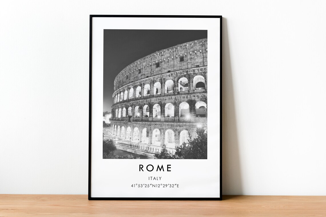Rome Italy Colosseum at Night Black and White Travel Photo Poster