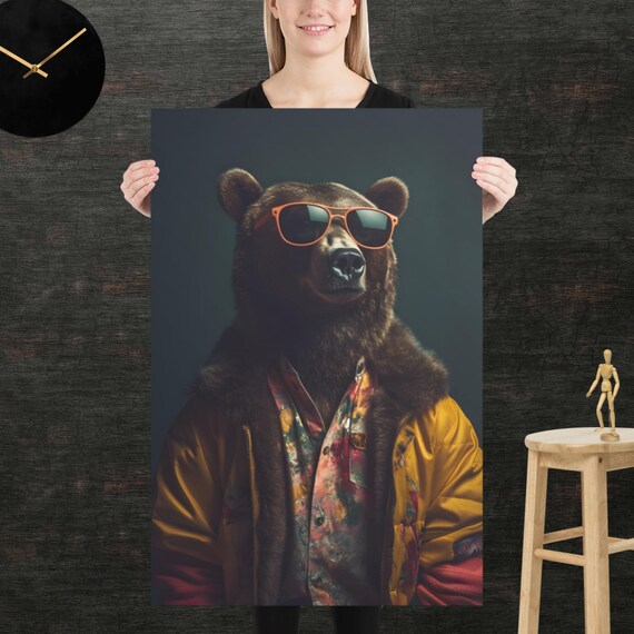 Bear 80s Style Retro Poster Eighties Wall Art Living Room Funny Decor