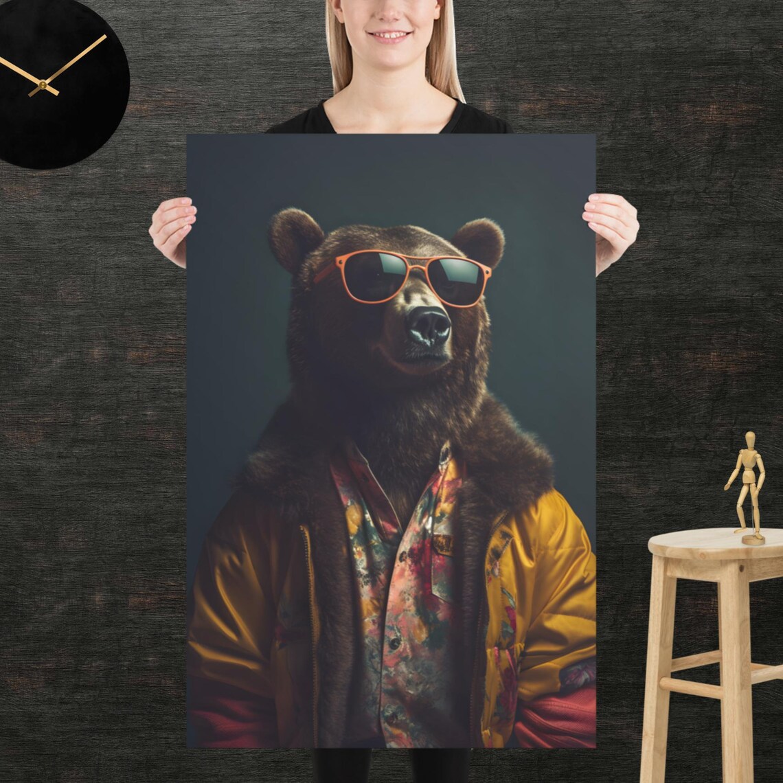 Bear 80s Style Retro Poster Eighties Wall Art Living Room Funny Decor
