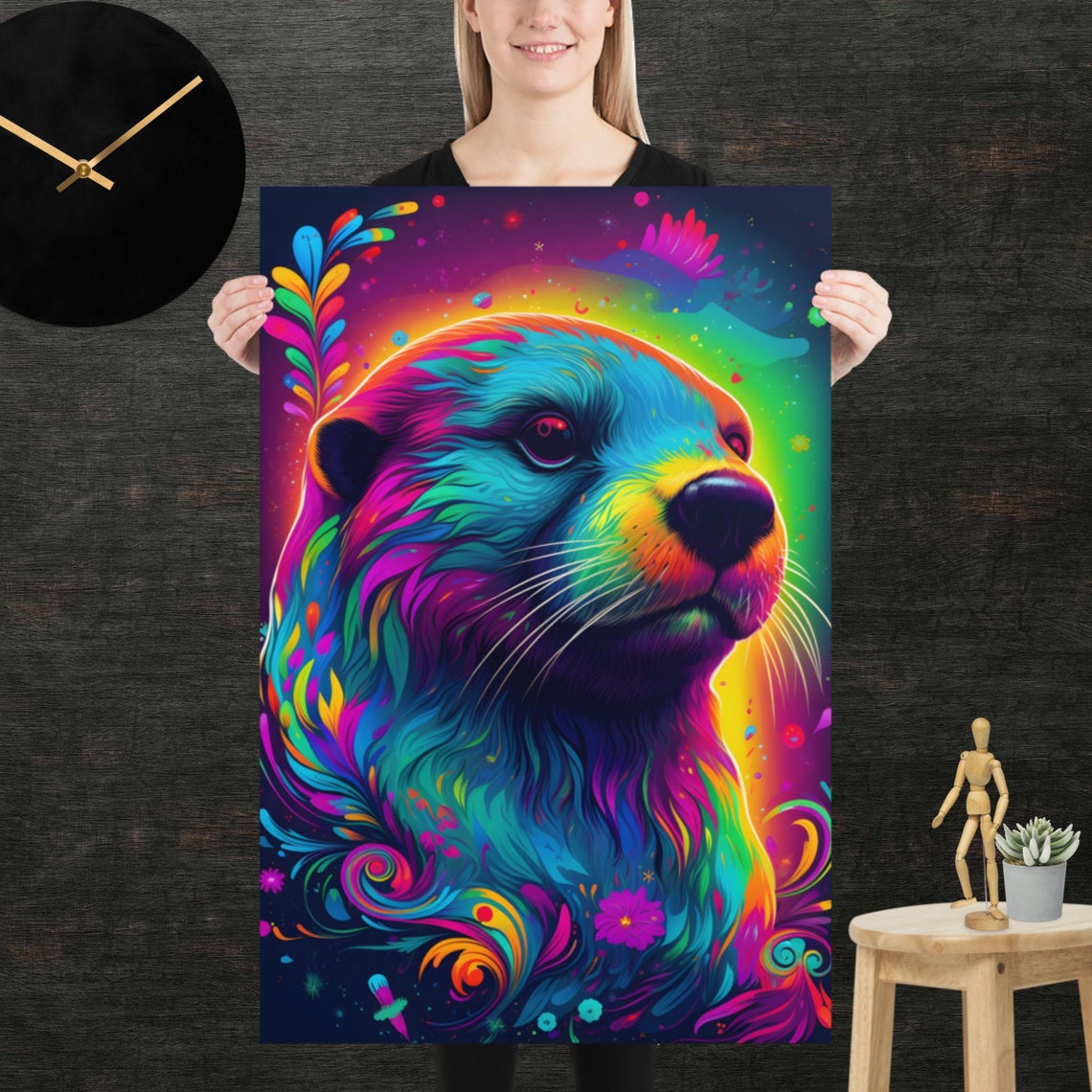 Neon Psychedelic Otter Portrait Bursting With Rainbow Swirls Poster