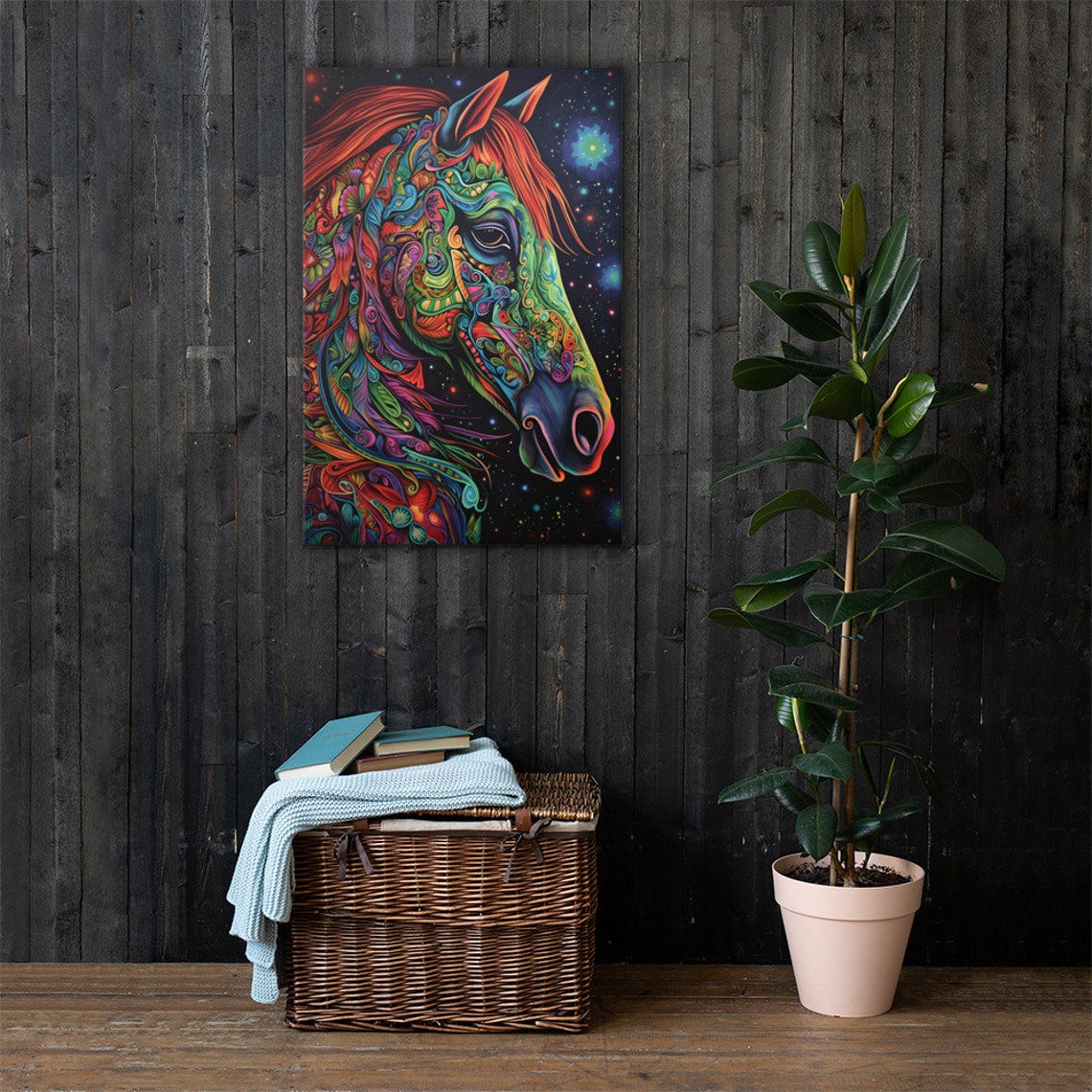 Colorful Psychedelic Horse Portrait Starry Night Patterned Art Poster