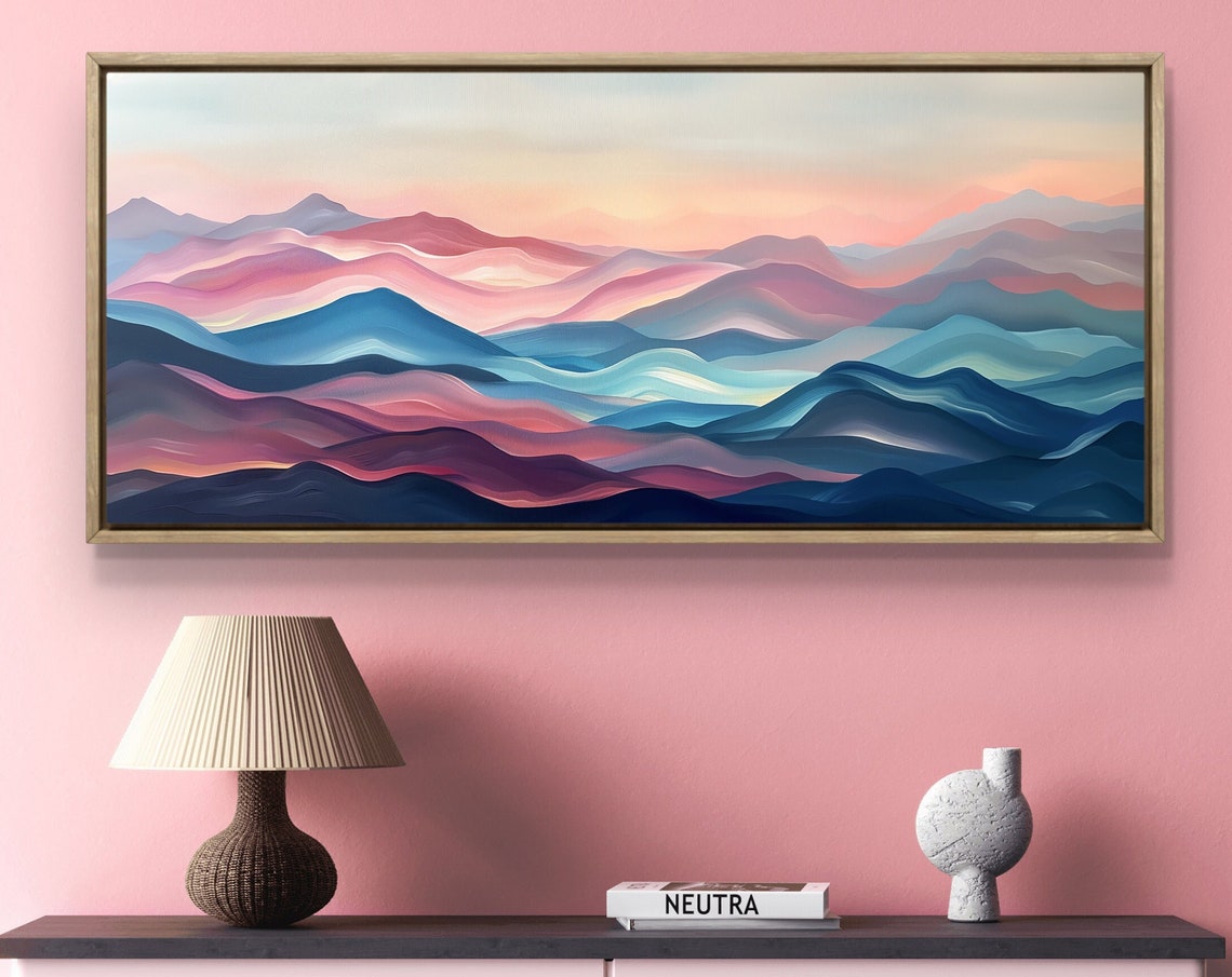 Panoramic Dreamscape Vibrant Wavy Wall Art Atmospheric Mountain Artwork With Pink And Purple Skies For Elegant Above Bed Decor