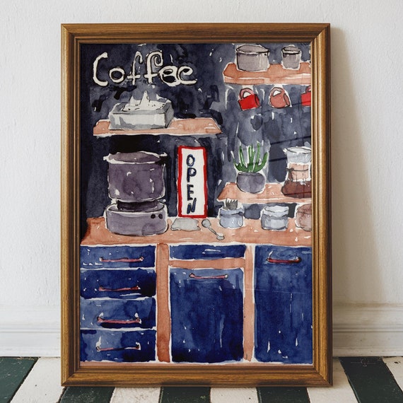 Coffee Bar Art Watercolor Painting Eclectic Kitchen Prints Watercolor Art Print Watercolor Wall Art