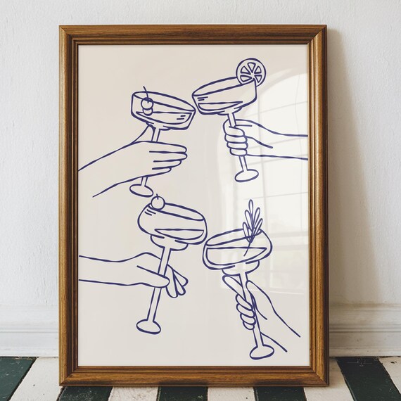 Cheers Cocktail Glasses Navy Blue Raising Line Art Bar Cart Poster