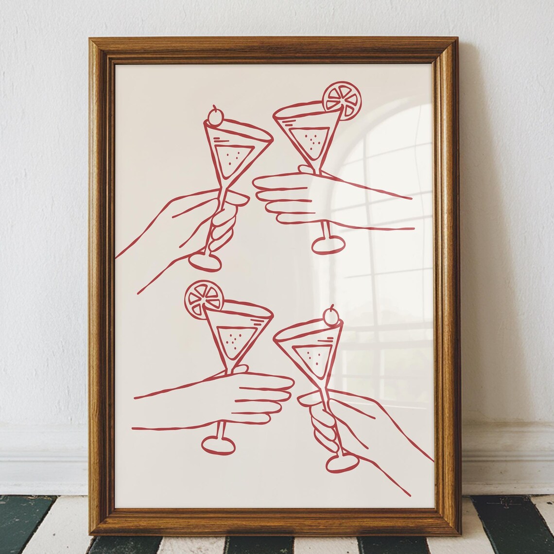 Cheers Cocktail Glasses Red Raising Line Art Retro Bar Cart Poster