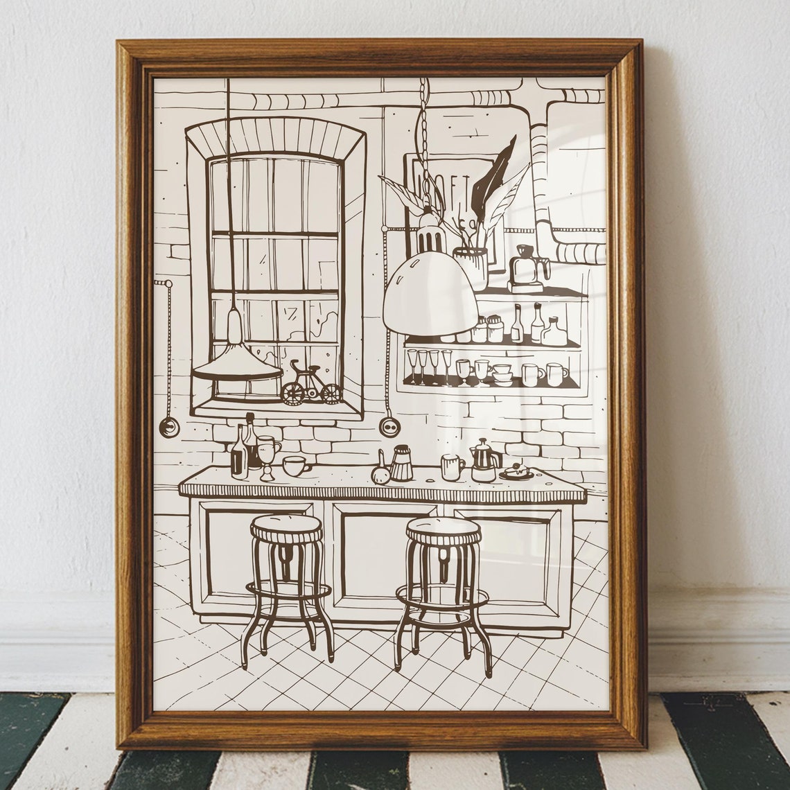 Cozy Coffee Shop Interior Line Ink Sketch Cafe Kitchen Wall Art