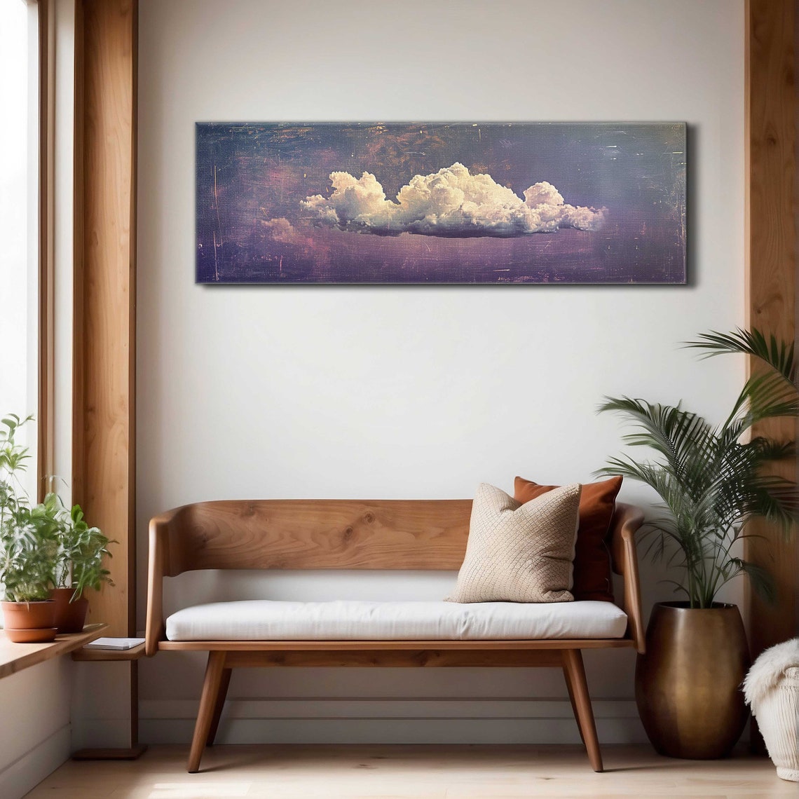 Single White Cloud on Vintage Purple Sky Textured Panoramic Wall Art - Image 4