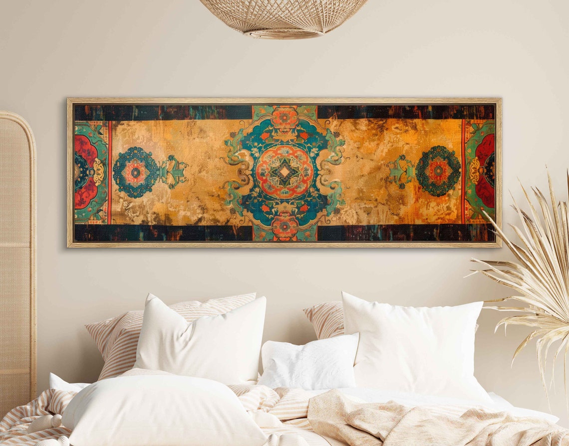 Beige Gold Vintage Tapestry Teal Medallions Worn Textile Wall Art - Image 2