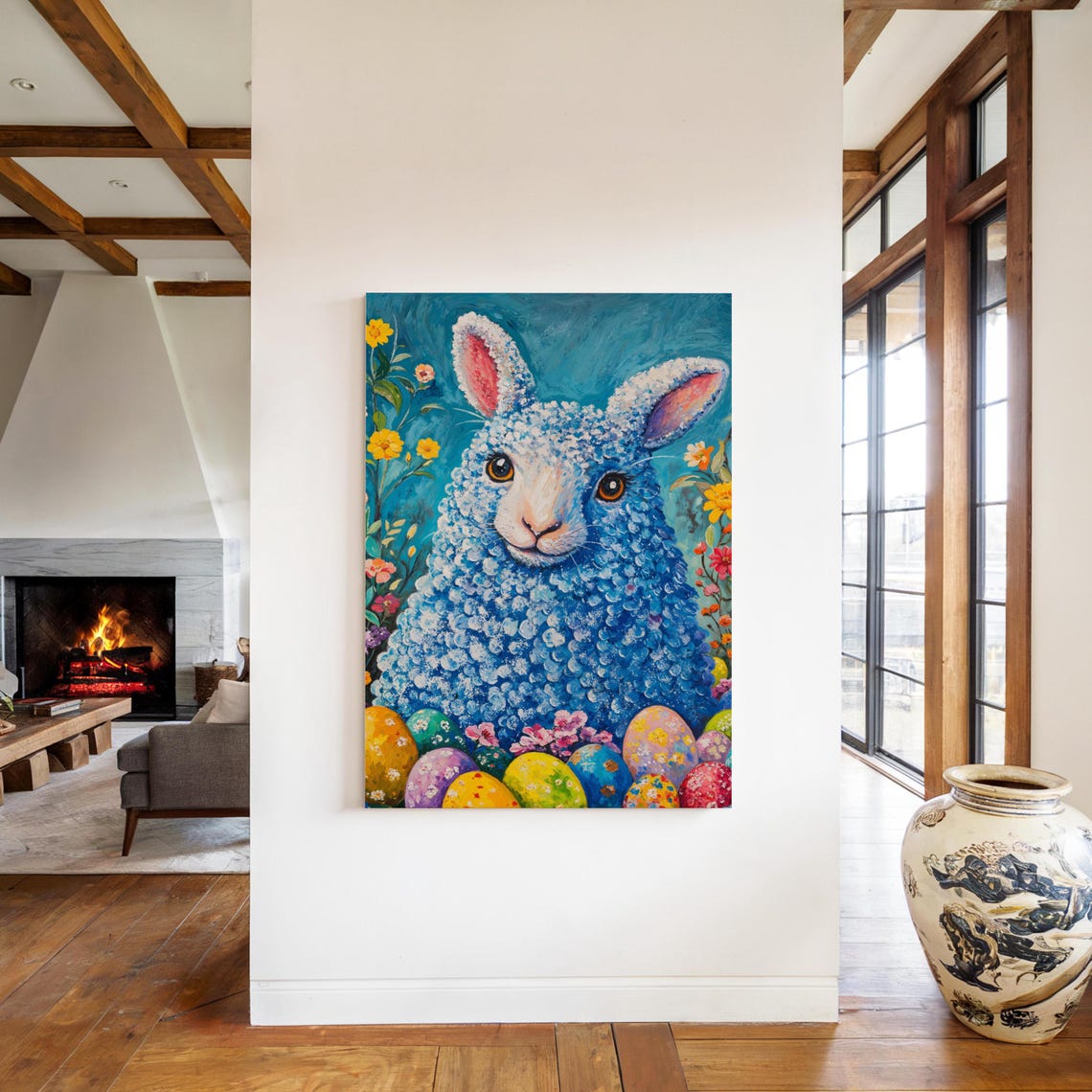 Blue Woolly Easter Lamb Painted Eggs Floral Teal Background Art Print