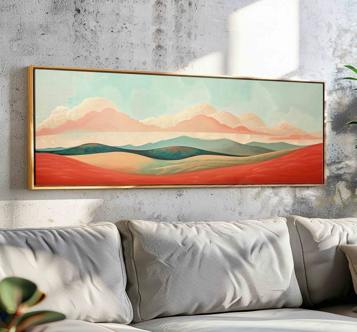 Coral Red Desert Dunes Teal Hills Minimal Pastel Landscape Wall Art