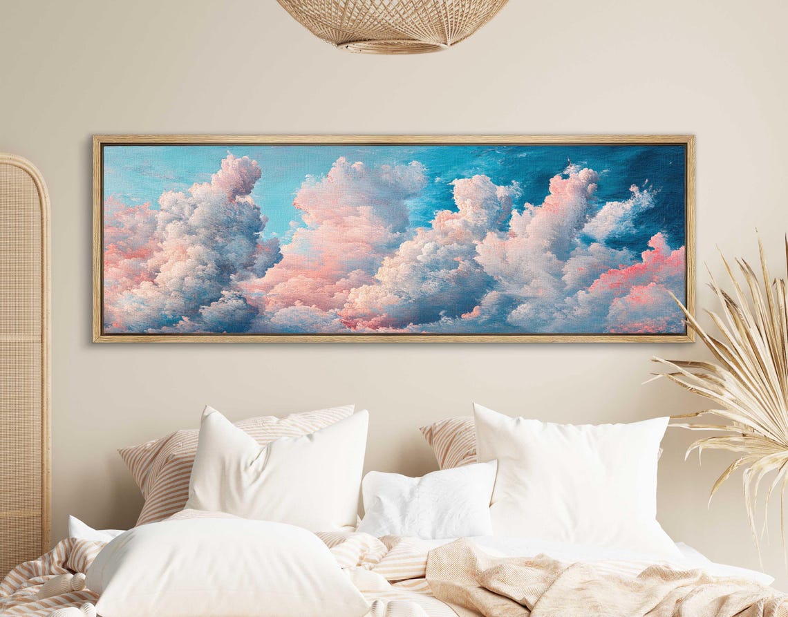 Pink Blush Cumulus Clouds Bright Blue Sky Panoramic Framed Art Print - Image 2