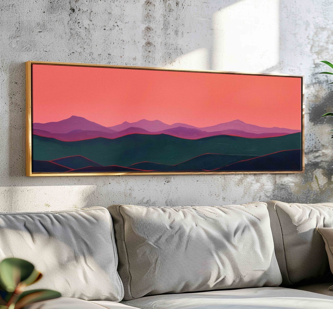 Coral Sunset Layered Mountain Ridges Minimal Modern Landscape Wall Art