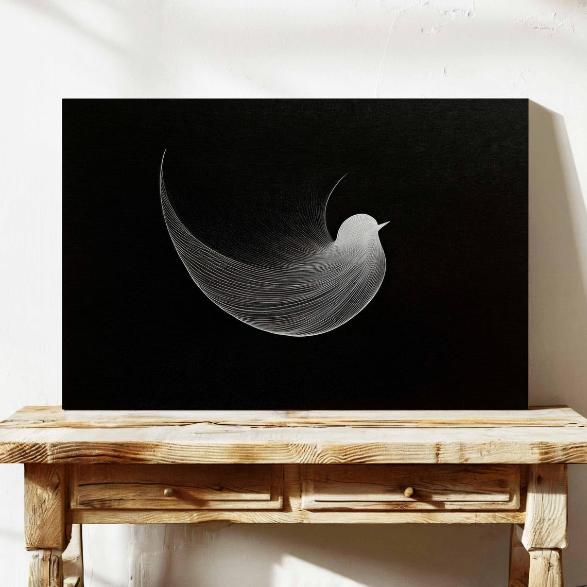 White Line Bird Drawing Minimalist Black Background Art Print - Image 2
