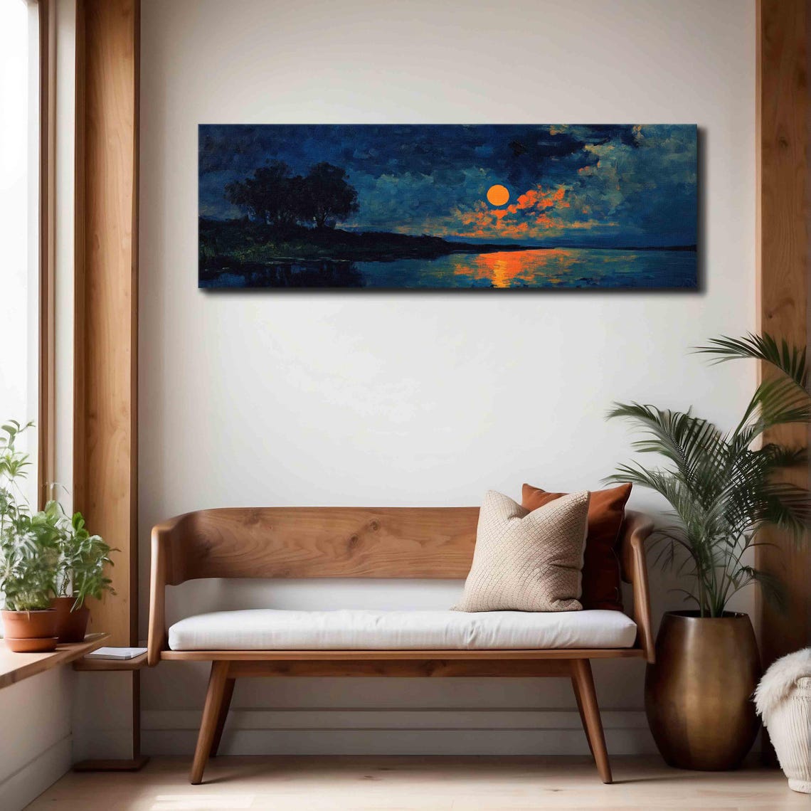 Sunset Over The Blue Lake Moody Panoramic Print Minimal Horizontal Wall Art Framed Vintage Painting Print Boho Wall Art - Image 4