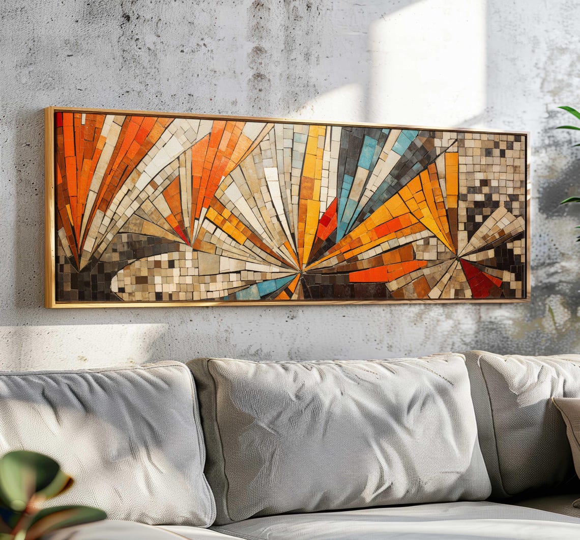 Mid Century Mosaic Sunburst Radiating Tiles Panoramic Framed Art Print