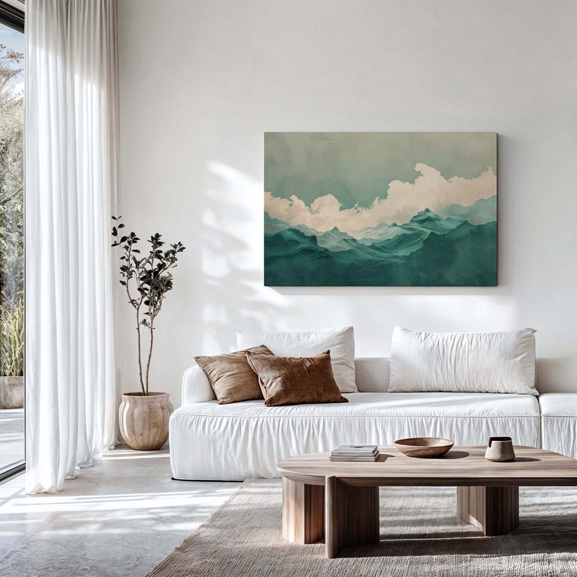 Emerald Green Mountain Peaks White Clouds Stylized Nature Art Print - Image 3