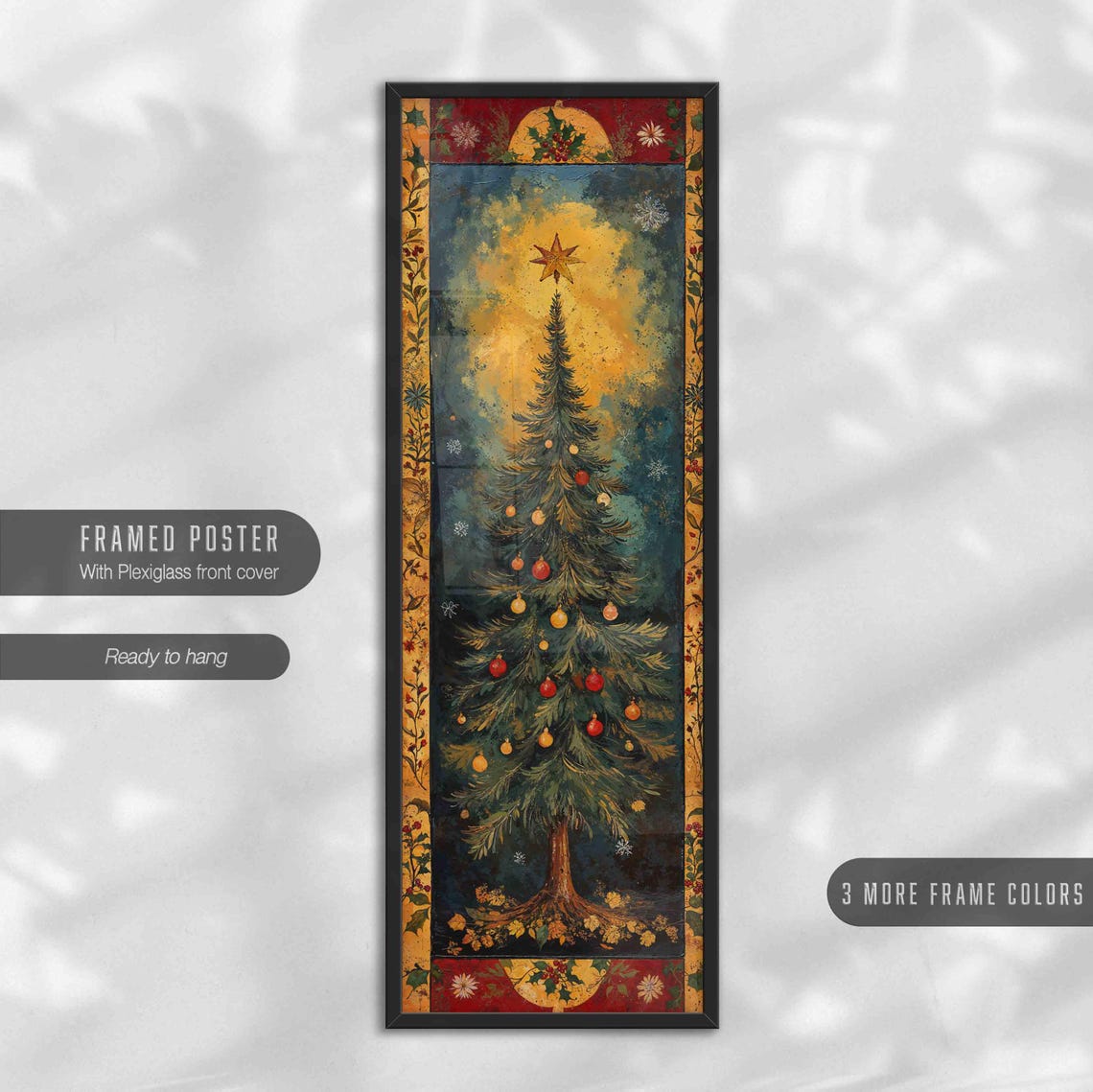 Vintage Christmas Tree Star Ornaments Ornate Border Vertical Art Print - Image 4