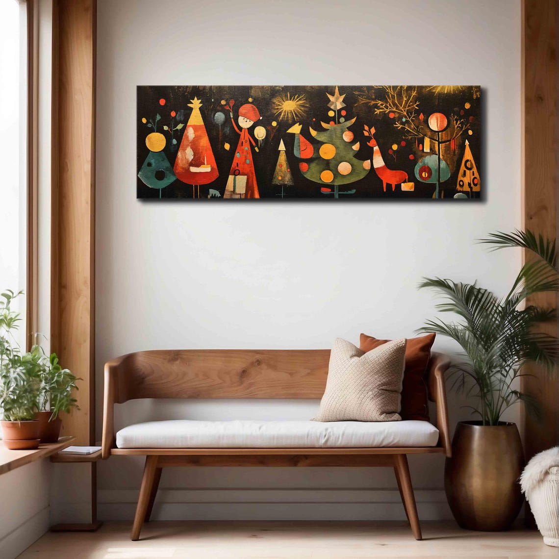 Playful Mid Century Christmas Girl Reindeer Trees Whimsical Wall Art - Image 4