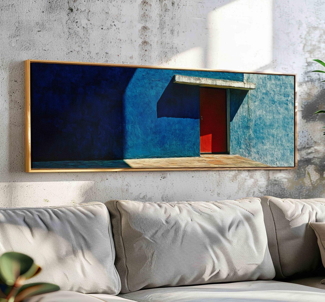 Cobalt Blue Stucco Wall With Red Door Minimal Architecture Wall Art