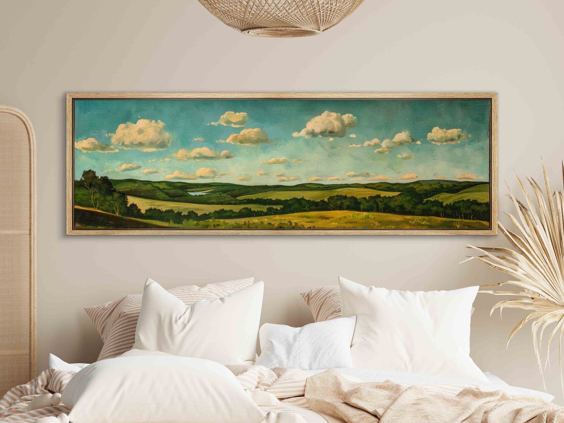 Vintage Green Countryside Rolling Hills Clouds Panoramic Art Print - Image 2