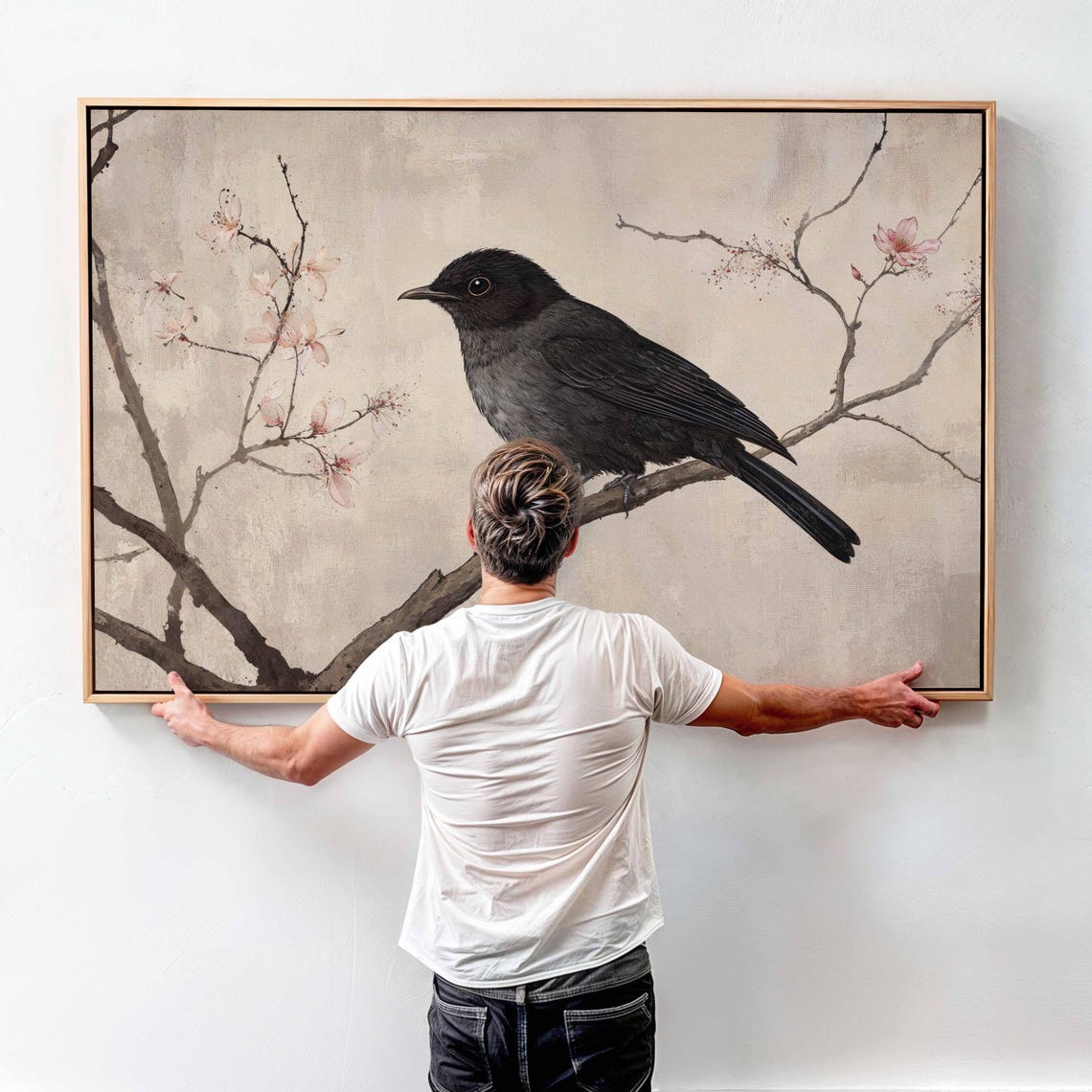 Black Bird on Cherry Blossom Branch Japanese Style Painting Poster - Image 4