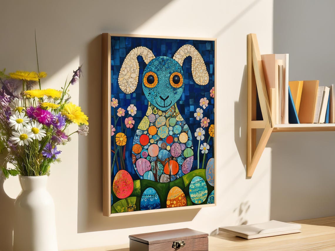 Mosaic Easter Bunny Colorful Egg Pattern Folk Art Style Easter Poster - Image 2