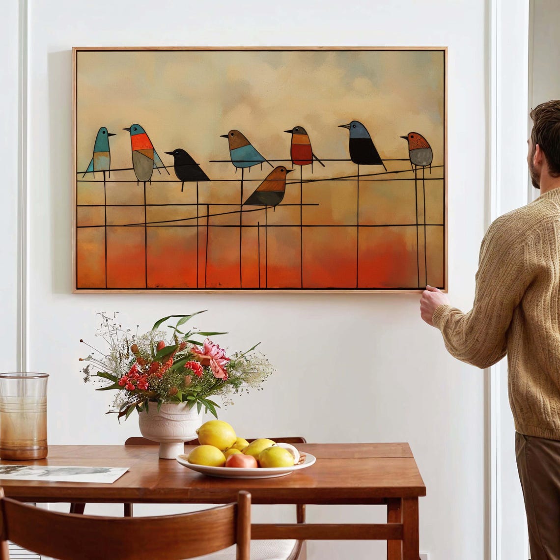 Seven Stylized Birds On Wire Sunset Tones Mid Century Framed Art Print