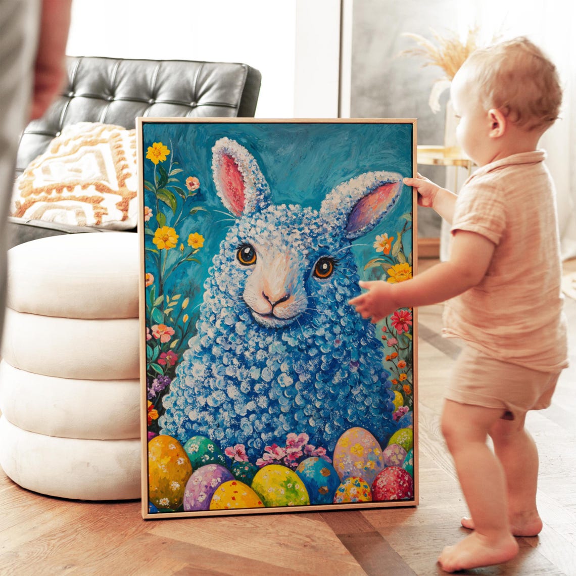 Blue Woolly Easter Lamb Painted Eggs Floral Teal Background Art Print - Image 3