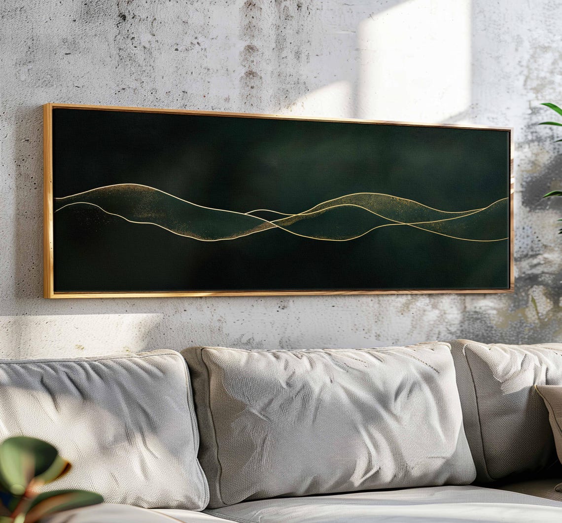 Gold Mountain Lines Dark Green Minimalist Abstract Panoramic Art Print