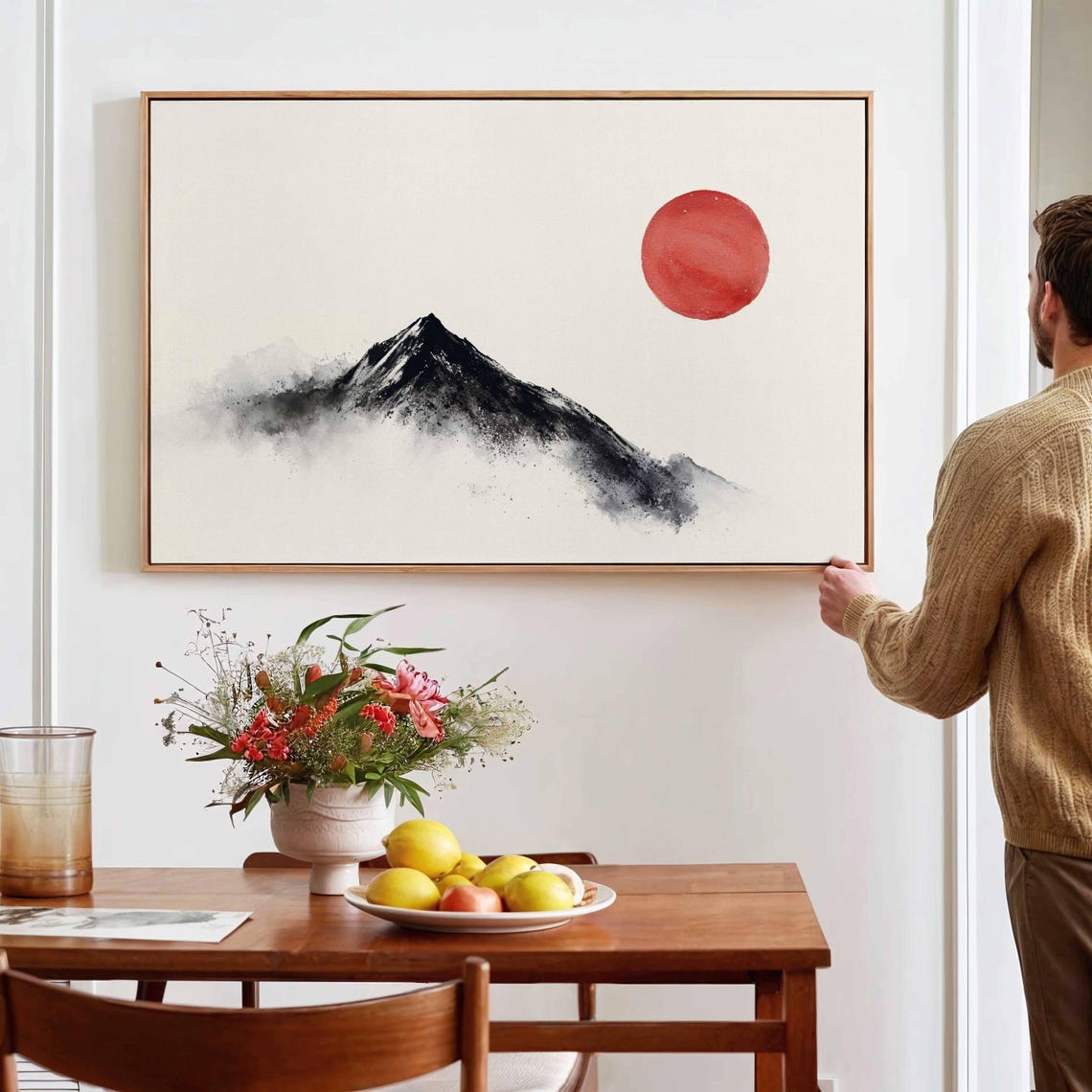 Minimalist Japanese Ink Mountain Mist Red Sun Sumi E Art Poster