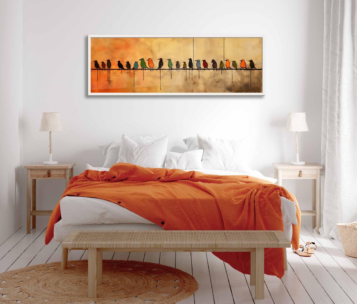 Birds Silhouettes Wire Orange Sunset Gradient Folk Art Poster - Image 2