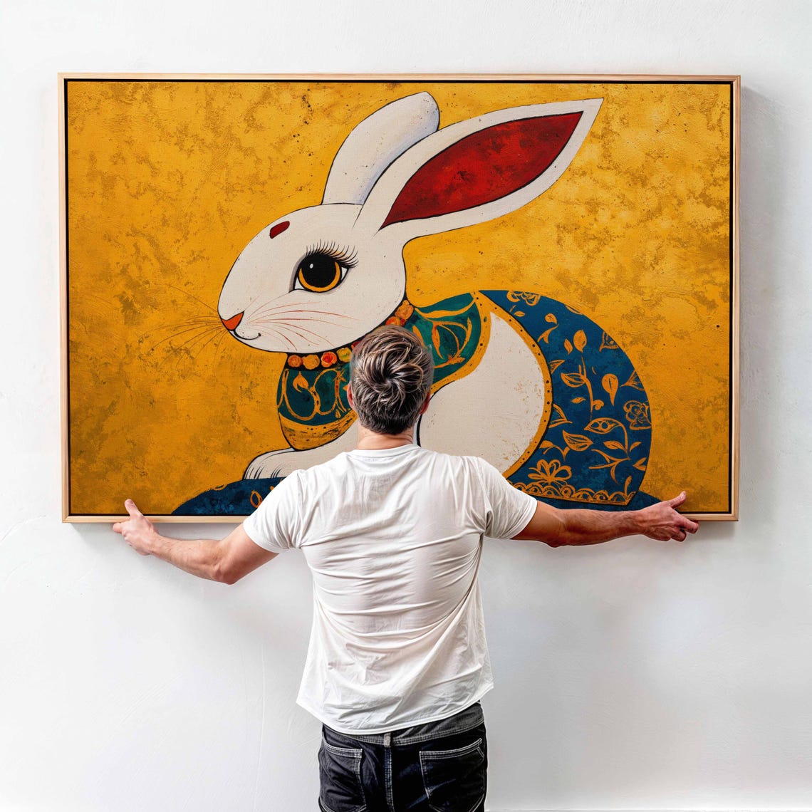 Folk Art Rabbit Gold Background Ornate White Bunny Decor Poster - Image 3