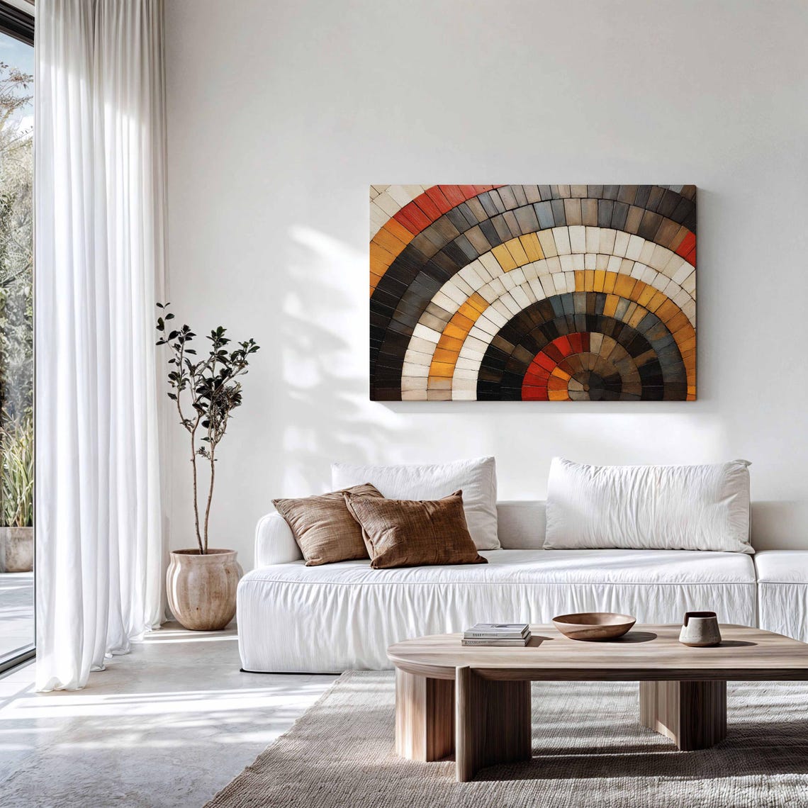 Geometric Rainbow Arch Black White Orange Wooden Blocks Wall Art - Image 3