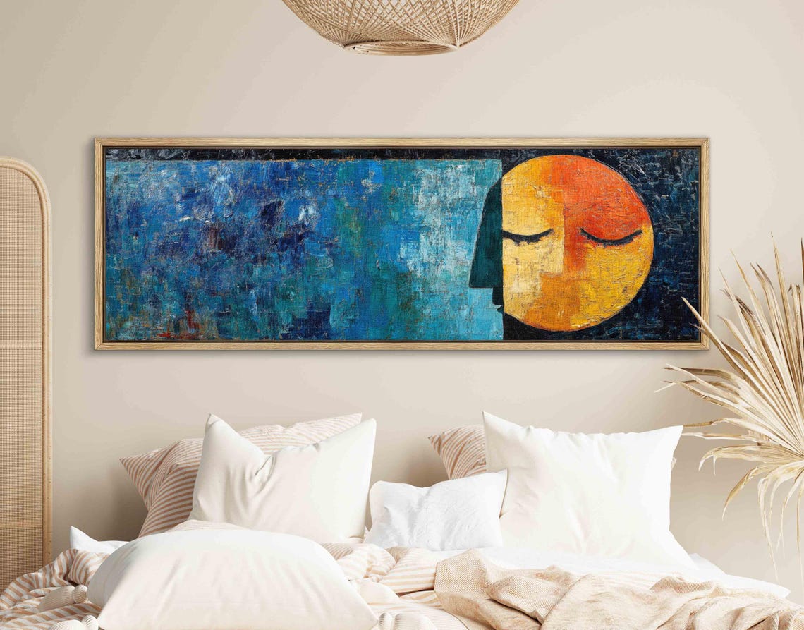Abstract Sun Face Profile Blue Modern Surreal Panoramic Art Poster - Image 2
