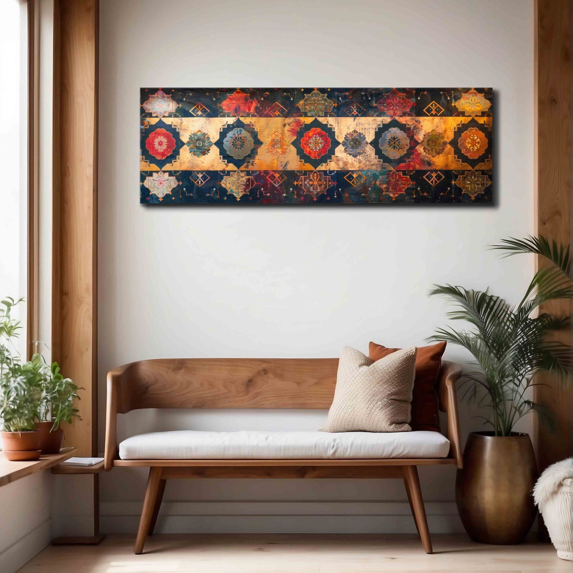 Vintage Gold Tapestry Ornate Medallion Textile Pattern Wall Art - Image 4