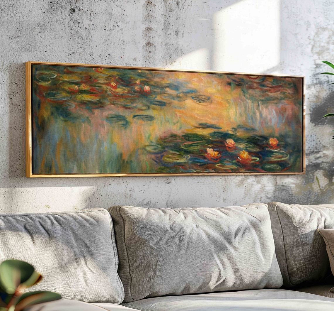 Monet Style Water Lilies Sunset Pond Impressionist Painting Wall Art