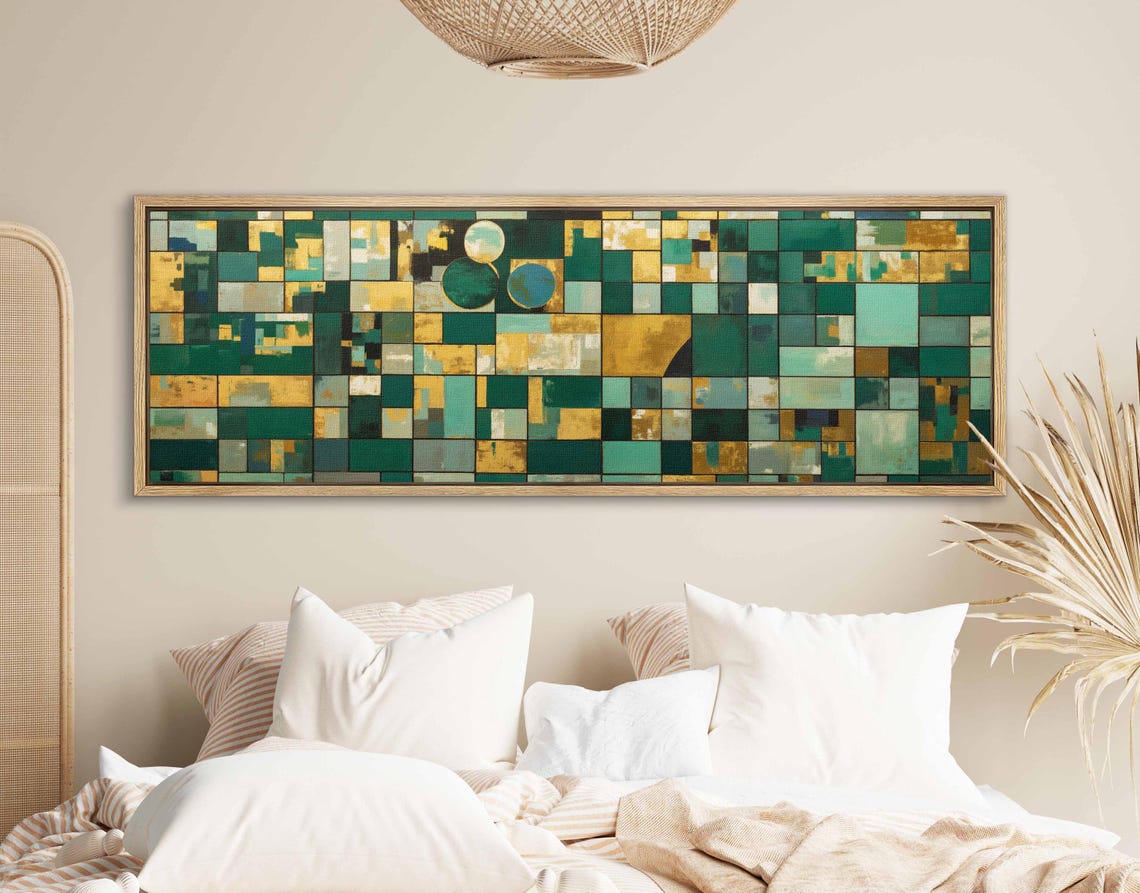 Emerald Green Gold Geometric Mosaic Grid Panoramic Framed Art Print - Image 2