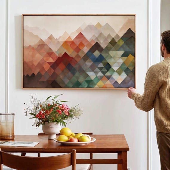 Mid Century Modern Abstract Mountain Wall Art Framed Print Above Bedsofa Decor Geometric Landscape Horizontal Large Wall Art