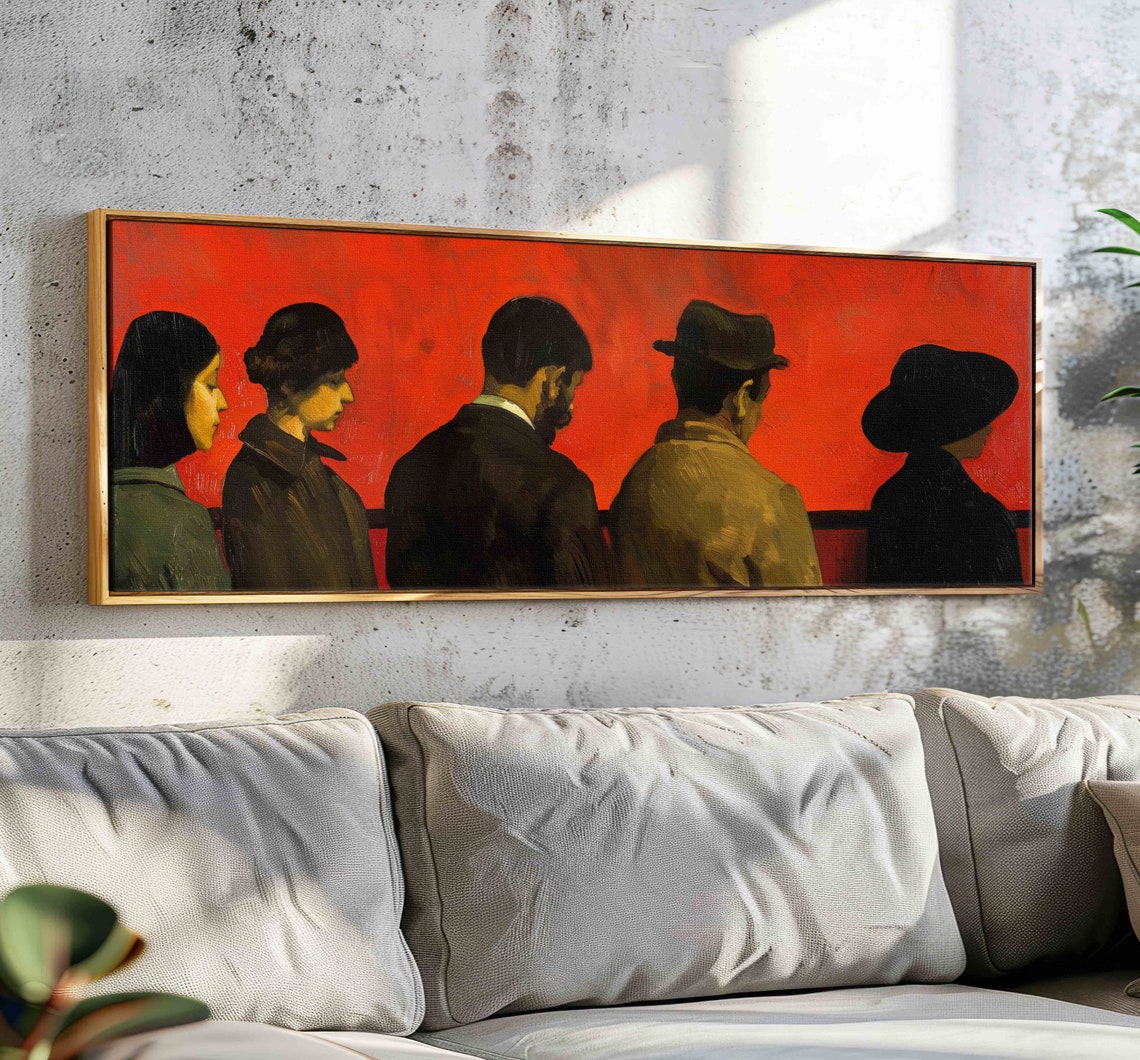 Five Figures From Behind Against Red Wall Panoramic Painting Print